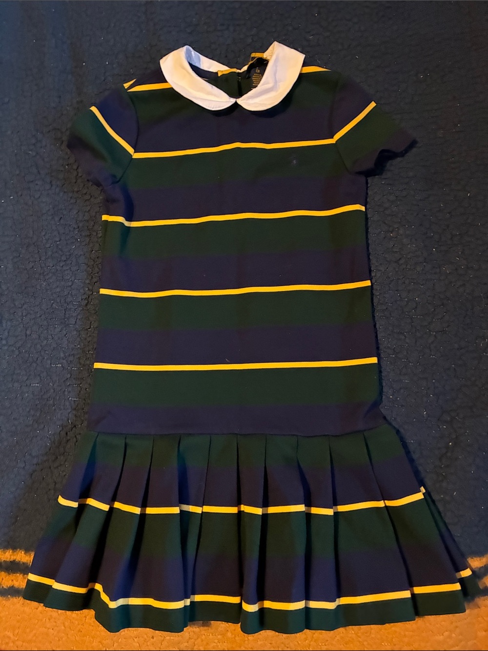 Polo by Ralph Lauren Navy, Green & Yellow Striped Pleated Collar Dress